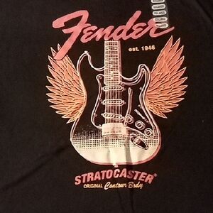 Fender Stratocaster Black Tee with Pink and White Design